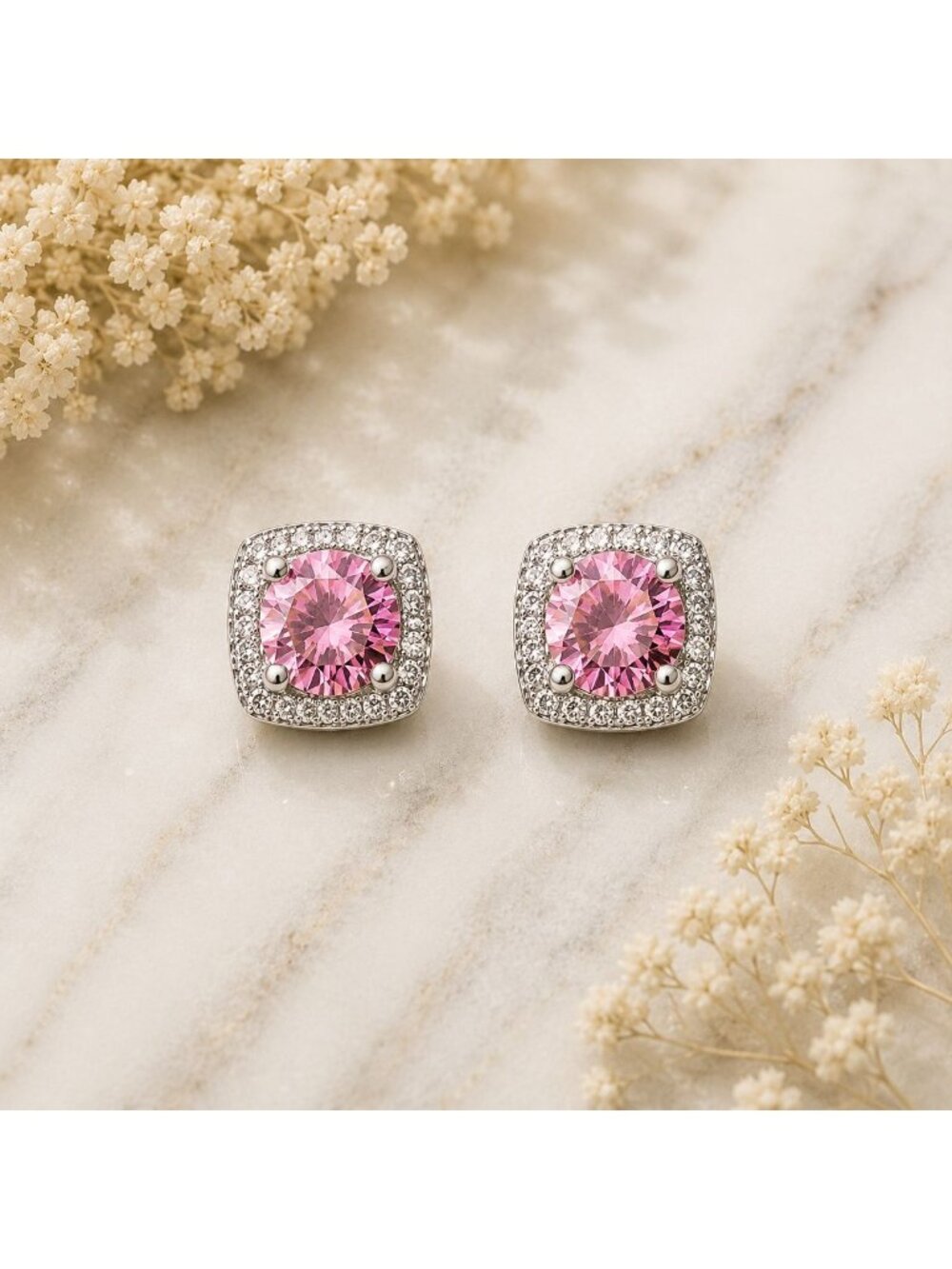 Vintage Pink Swarovski Crystal Halo Stud Earrings Sterling Silver Overlay 9.5mm